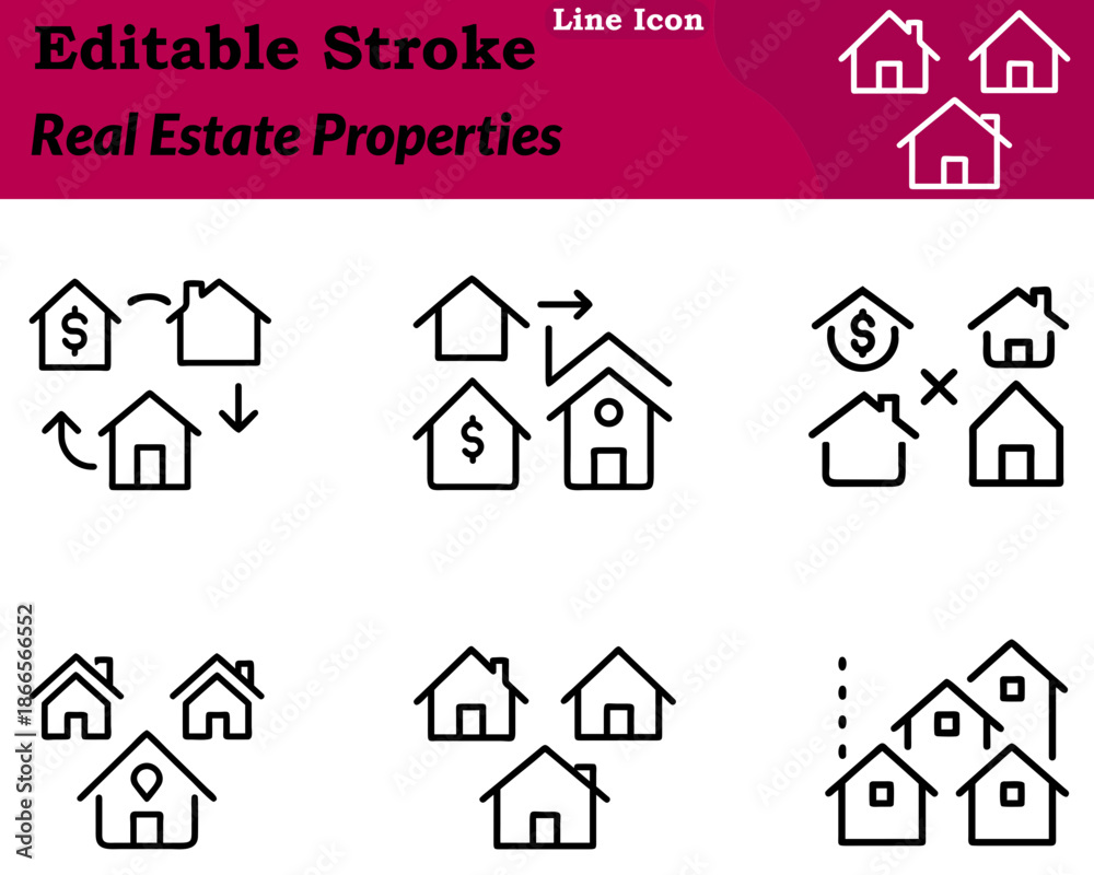 Fototapeta premium A clean minimalist real estate properties icon in a character style. Features houses buildings rooftops property outline to represent real. Estate housing rentals construction and property management.
