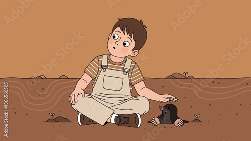 Boy Discovering Mole Wildlife In The Garden On Sunny Afternoon Outdoor