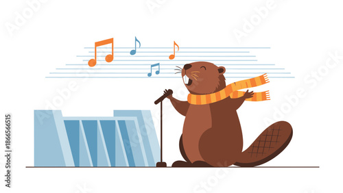 Beaver Sings a Cheerful Melody By The Dam Illustration Design