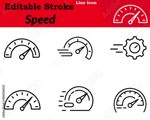 A clean minimalist speed icon designed in a character style. Features a running figure lightning bolt speedometer motion lines to represent fast performance acceleration efficiency and agility.
