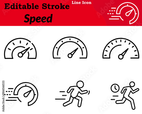 A clean minimalist speed icon designed in a character style. Features a running figure lightning bolt speedometer motion lines to represent fast performance acceleration efficiency and agility.