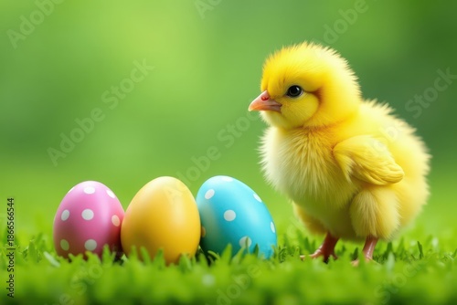 Fluffy yellow chick, green grass, three colorful Easter eggs , close-up, spring