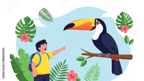 Boy Discovering Toucan In Tropical Paradise Adventure Illustration Design Graphic