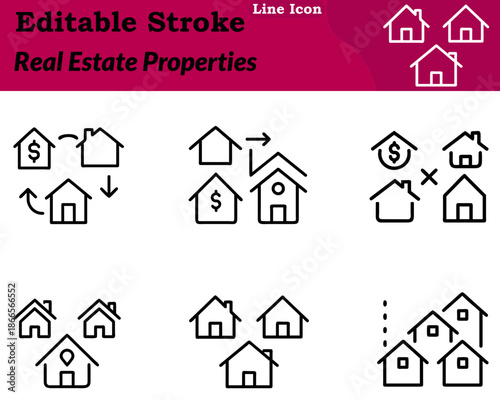 A clean minimalist real estate properties icon in a character style. Features houses buildings rooftops property outline to represent real. Estate housing rentals construction and property management.