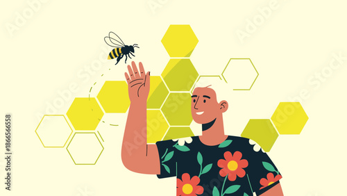 Beekeeper Man With Honeycomb And Bee Vector Illustration Concept