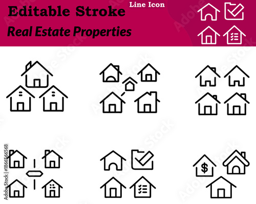 A clean minimalist real estate properties icon in a character style. Features houses buildings rooftops property outline to represent real. Estate housing rentals construction and property management.