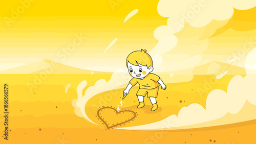 Boy Draws Heart In The Sand On A Sunny Day Illustration Art Style