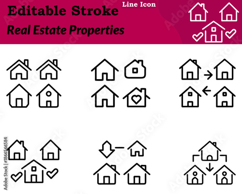 A clean modern real estate properties icon in character style. Featuring stylized houses building structures with clear rooftops and windows. Designed with smooth rounded outlines and simple geometry.