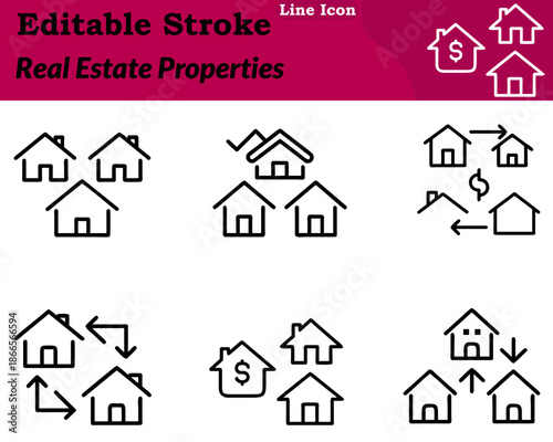 A minimalist real estate properties icon in a character style. illustrating residential houses and commercial buildings with clean rooftops window details.Smooth rounded outlines and balanced spacing.