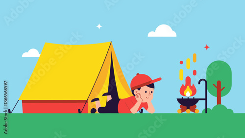 Boy Enjoying A Relaxing Camping Trip With Tent And Campfire Under Blue Sky