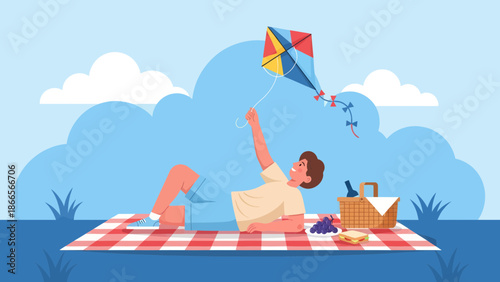 Boy Enjoying Summer Fun and Leisure in Outdoor Picnic With Kite Flying Session