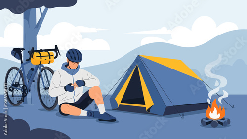 Bike Touring And Camping Adventure Amidst Nature's Tranquil Landscape Illustration