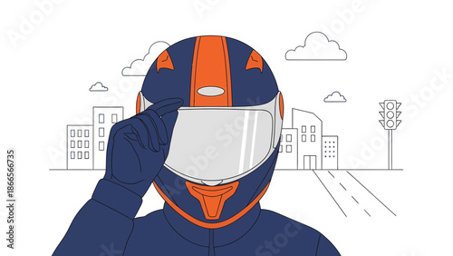 Biker Ready To Ride With City Skyline In Background Illustration Concept