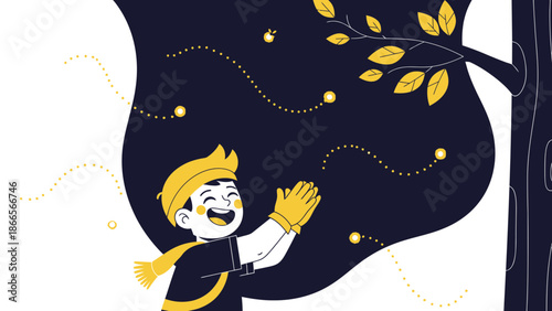 Boy Enjoys Watching Fireflies Under The Light Of The Night Sky Illustration