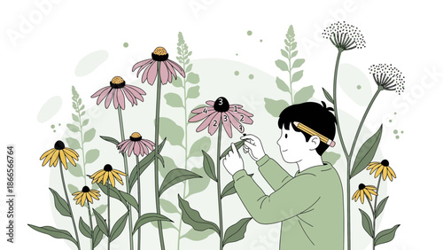 Boy Examining Coneflower Petals Learning About Botany In A Sunny Garden