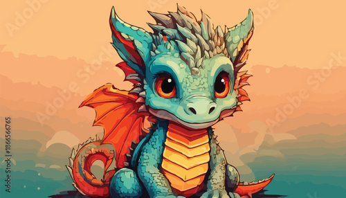 Adorable Baby Dragon with Big Eyes and Orange Wings.