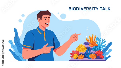 Biodiversity Expert Explaining About The Sea Plants And Their Benefits Vector