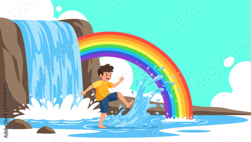 Boy Having Fun By The Waterfall With Rainbow On Bright Sunny Day