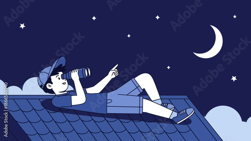 Boy Gazing At The Starry Night Sky With Telescope On The Roof Top