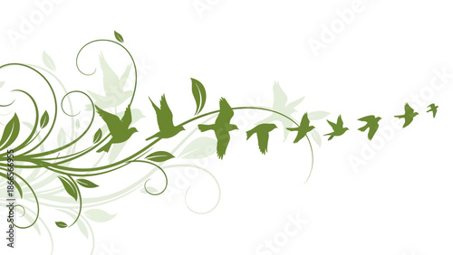 Birds Flying With Green Floral Ornaments Vector Illustration Design Template