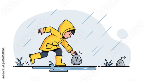 Boy In Yellow Raincoat Finds A Rock With Question Mark Symbol During Rainy Day
