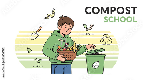 Boy Learning About Composting Waste With Fruits And Vegetables At School