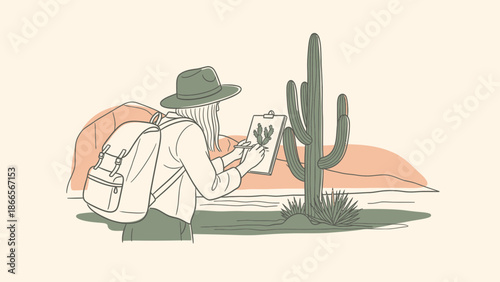 Botanical Sketching In The Desert With A Backpack And Hat Traveler