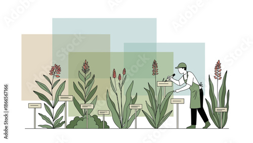 Botanist At Work Illustrating And Labeling Different Plant Varieties In Garden