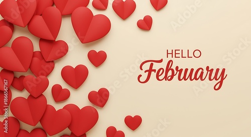 Red hearts on beige background with hello february text