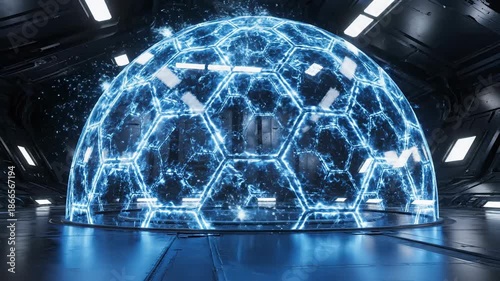 Futuristic glowing hemispheric dome of blue holographic network.
