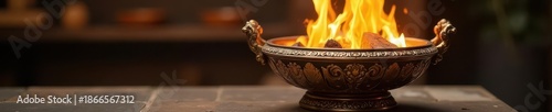 Glowing embers in intricately carved brass brazier, cozy, glowing, night