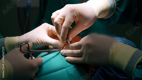 Professional surgeon hands suturing a patient nose during a precise rhinoplasty operation with surgical tools, showcasing cosmetic plastic surgery and medical healthcare concepts.