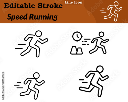 A modern minimalist speed running icon in a character style. Shows a runner sprinting forward a strong energetic posture bent arms extended legs. Motion lines speed streaks emphasize fast movement.