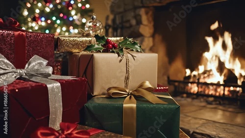 Cozy Christmas Eve Gifts by Fireplace with Twinkling Tree.