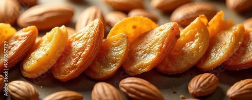 Golden roasted almond slivers arranged in an arc , top view, healthy, roasted