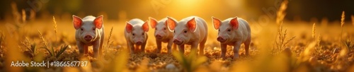 Golden sunlight bathes pigs in open pen, eagerly consuming scattered grain , agriculture, rural life