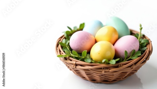 Hand-painted pastel eggs nestled in woven basket, isolated on white, Easter, chick
