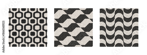 Ipanema, Sao Paulo and Copacabana pavement backgrounds with realistic cobblestone texture. Famous beach promenades in Brazil. Repeating wavy print in Portuguese sidewalk style. Vector illustration.