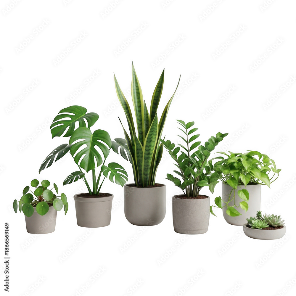 Fototapeta premium A group of diverse indoor houseplants displayed in stylish, modern pots, adding a touch of greenery and freshness to any space.