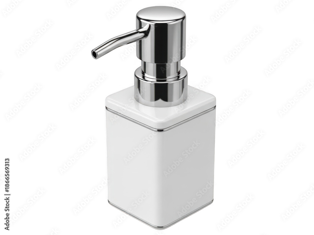 Obraz premium A sleek and contemporary chrome soap dispenser with a white rectangular base, perfect for modern bathrooms.