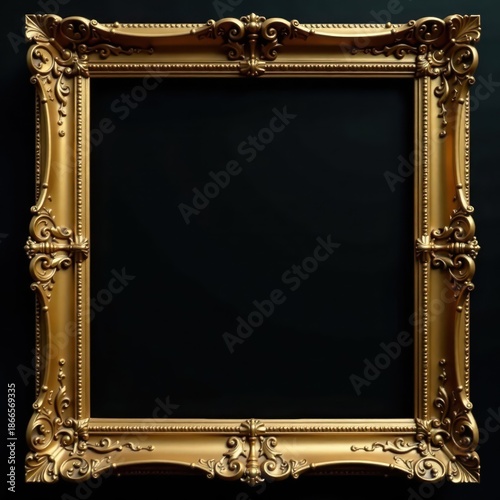 Intricate gold square frame, baroque style, dark background, baroque frame, vintage frame