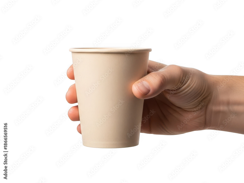 Obraz premium A person's hand holding a disposable paper coffee cup against a plain white background.