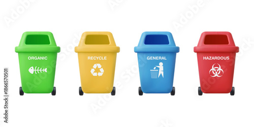 Set of different colored Recycling Bin, 3D Minimal Style. Waste Sorting And Clean Environment Concept, vector illustration