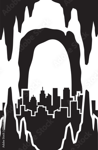 Abstract cave entrance silhouette framing city buildings architecture mysterious underworld concept