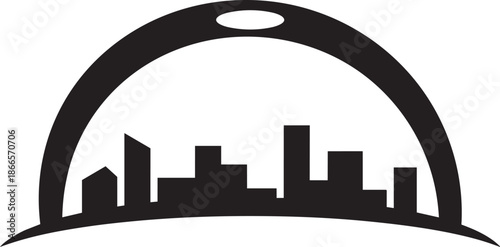City skyline enclosed under protective hard hat shape illustrating construction safety concept