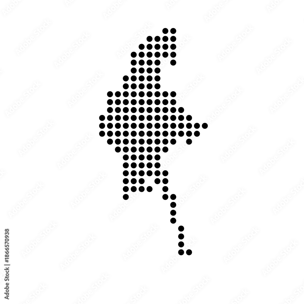 Fototapeta premium Myanmar country dotted map. Black spot pixel illustration isolated on white background. Vector circle mosaic.