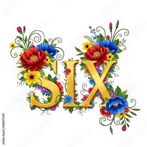 The word six illustrated with golden letters and decorated with colorful flowers including red blue yellow and pink blooms with green leaves and stems