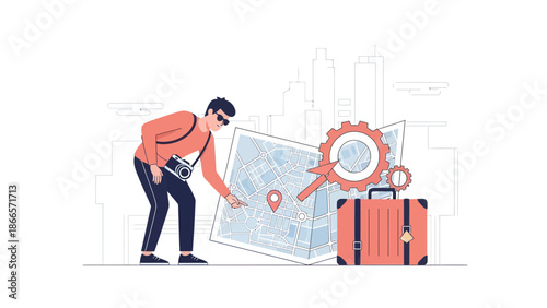 Adventurous Tourist Discovering City Locations Using Map And Planning Vacation