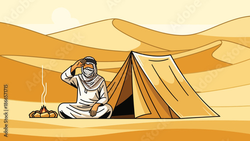 Arabian Traveler Resting By Campfire In Desert Sand Dunes Landscape