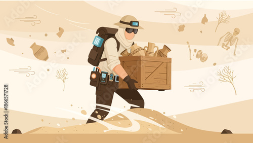 Archaeologist Carrying A Crate Full Of Ancient Artifacts Across A Sand Dune